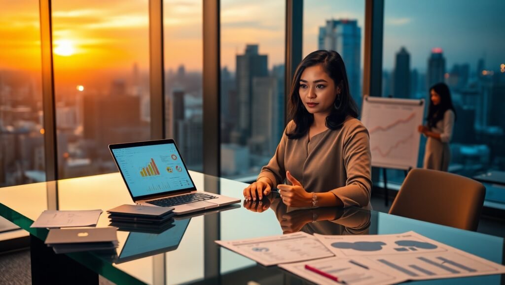"Female entrepreneur in a modern office reviewing ecommerce analytics on a laptop, with Amazon sales graphs on a tablet and product prototypes on the desk, city skyline in background, team collaborating nearby."