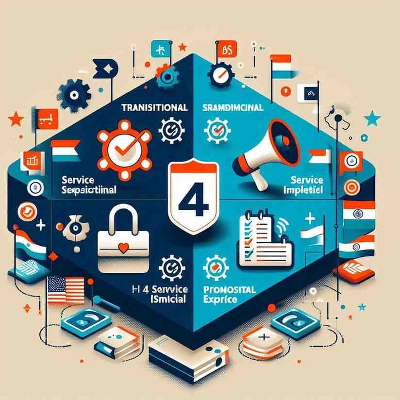An illustrative diagram showing a hexagonal shape divided into four sections with icons and text, surrounded by flags and various digital service-related elements.